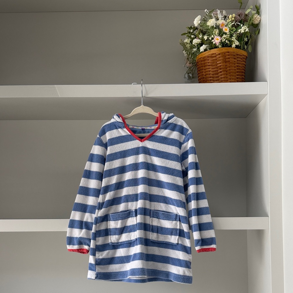 Striped Hooded Terry Tunic - Blue & White with Red Trim